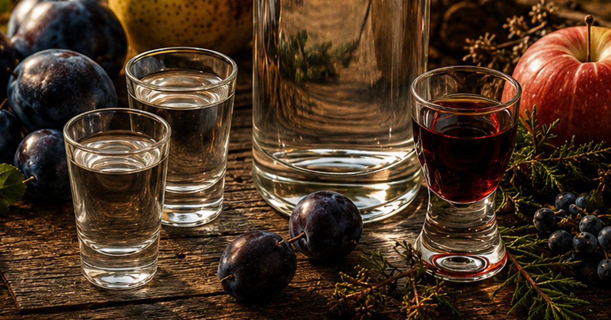 Boca šljivovice s čašicama rakije, šljivama, kruškom i likerom na rustikalnom drvenom stolu